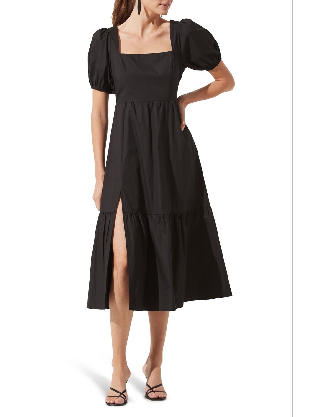ASTR The Label Black Tiered Midi Dress Puff Sleeve Poplin Size S